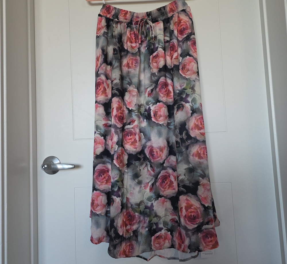 Pink Rose Print Maxi Skirt with Elastic Drawstring Waist